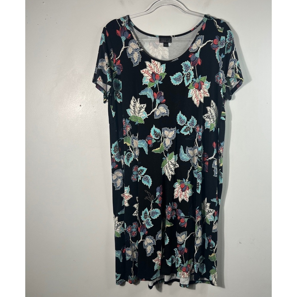 J Jill Wearever Collection Floral Short Sleeve Dress M Black Blue Green‎